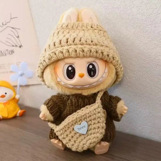 Set di abbigliamento lavorato a mano per bambola Labubu da 17 cm – Maglione, cappello e zaino