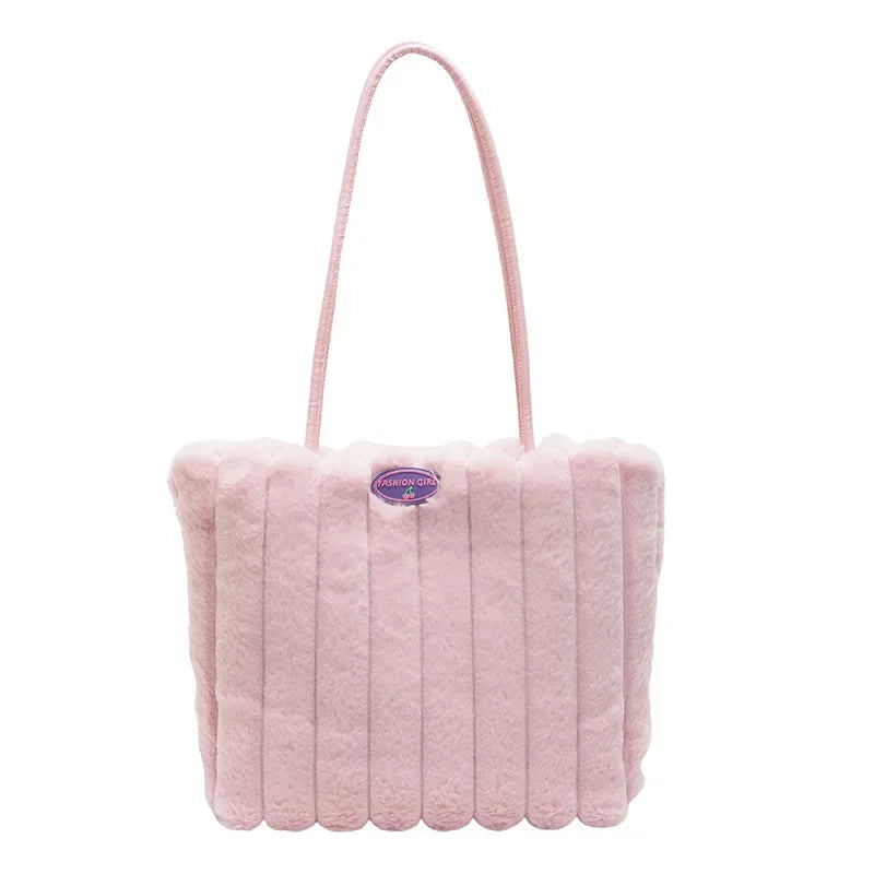 Tote bag a righe in peluche – borsa capiente e soffice per inverno 2025