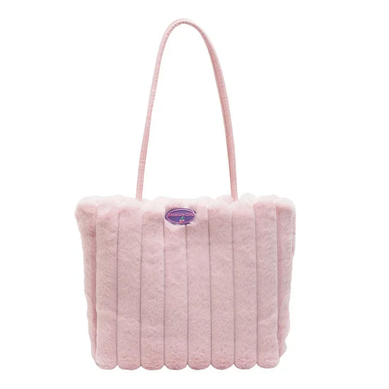 Tote bag a righe in peluche – borsa capiente e soffice per inverno 2025