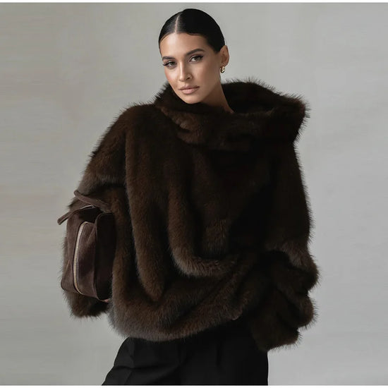 Felpa donna effetto pelliccia marrone con cappuccio
