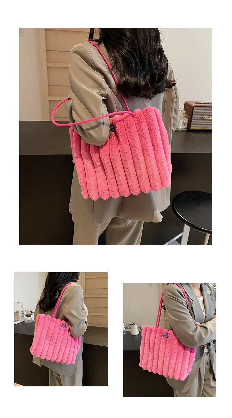 Tote bag a righe in peluche – borsa capiente e soffice per inverno 2025