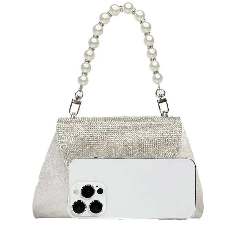 Clutch quadrata con perle e strass – Borsa da sera elegante per cocktail e matrimonio