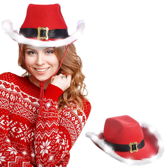 Cappello cowboy “Babbo Natale” rosso in feltro con tesa larga – floccato, unisex per festa western natalizia 2025