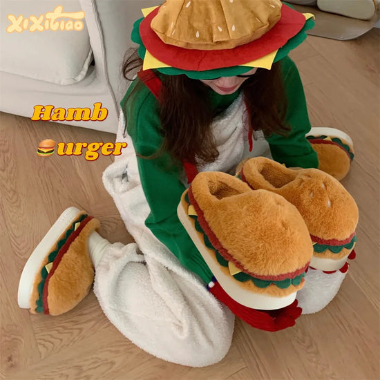 2026 new style autumn and winter fun home cotton slippers couple cute hamburger full-covered heel fuzzy shoes warm men and women