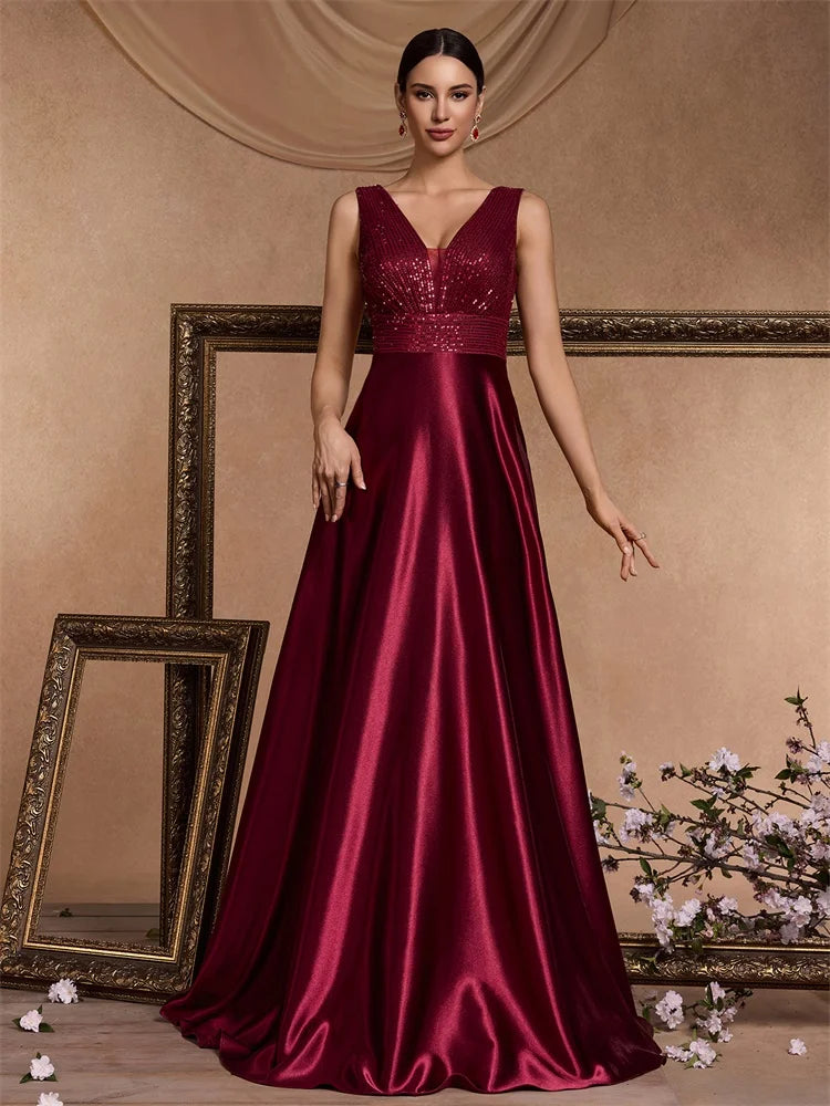 Abito Lungo Elegante Donna con Paillettes e Scollo V – Vestito Cerimonia Matrimonio