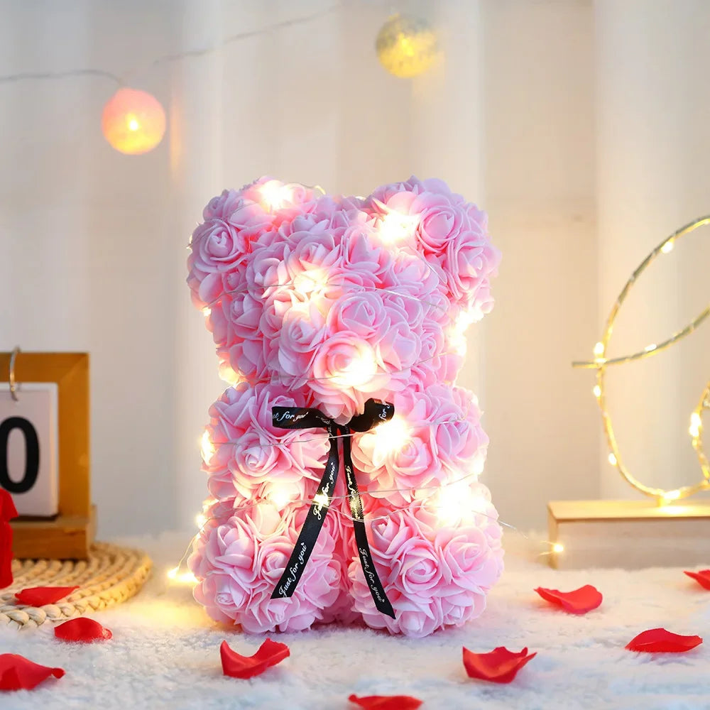 Orsetto di Rose Artificiali 25 cm con Scatola – Regalo Romantico San Valentino