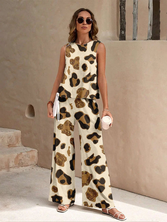 Set 2-pezzi donna stampa leopardo canotta e pantaloni — completo casual estate/inverno, stile urban street