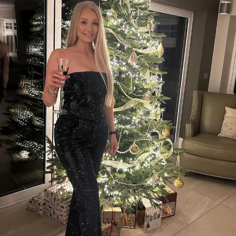 Set denim con paillettes da donna – Gilet crop + jeans vita alta con zip, outfit street style 2025