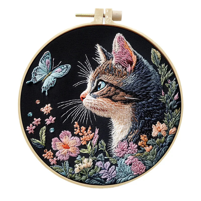 Kit Ricamo Gatto e Fiori – Set DIY Punto Croce per Principianti