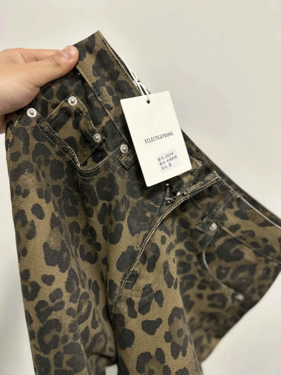 Jeans baggy vita alta leopardato donna – pantaloni oversize Y2K da strada con tasche casual 2025