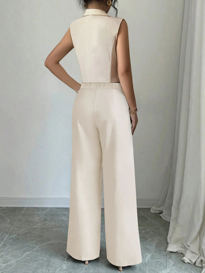 Completo donna 2 pezzi 2025 – top smanicato e pantaloni wide-leg a vita alta, elegante e casual