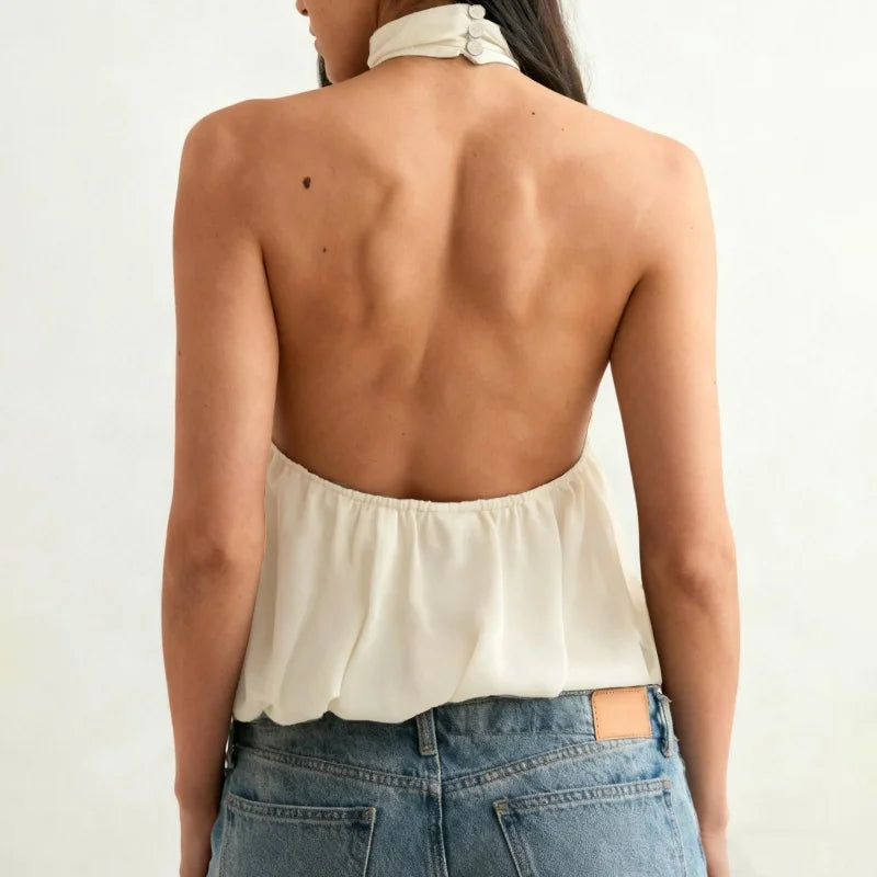 Women Puffy Halter Top Bubble Hem Pleated Halterneck Tank Top Elegant Sexy Backless Going Out Crop Camisole