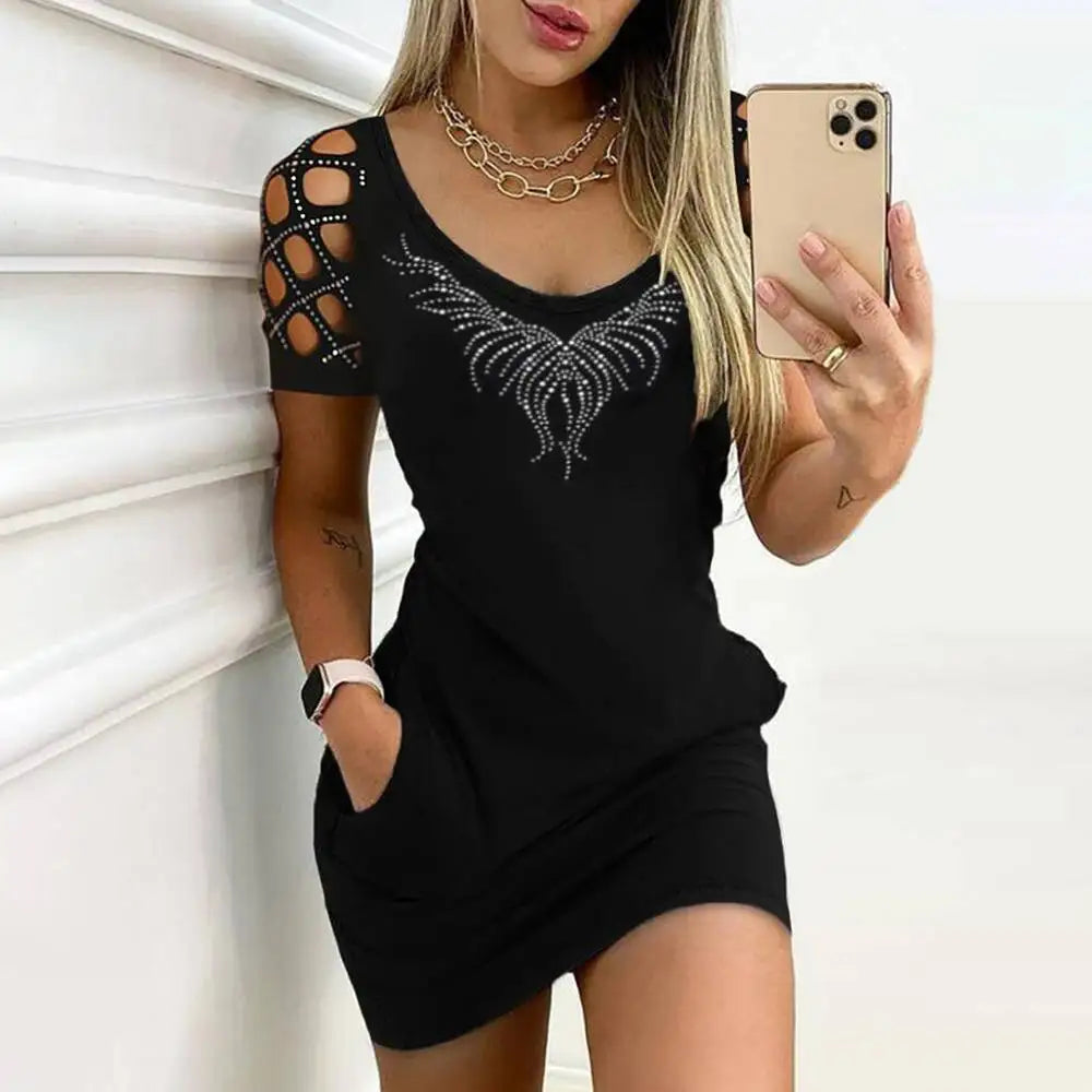 Mini Dress Bodycon Paillettes Donna – O‑Neck, Maniche Corte, Estate 2025