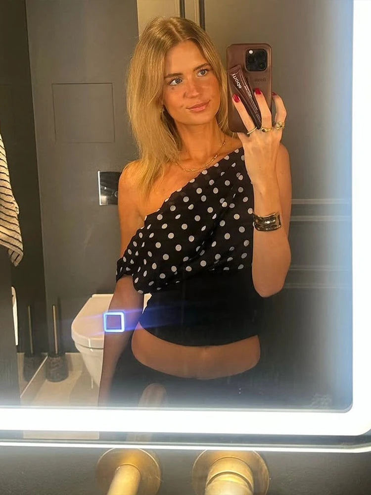 Weird Puss Polka Dots Print T-Shirts Women Summer Trend Skew Collar Off Shoulder Backless Street Fashion Trend Ruched Crop Tops