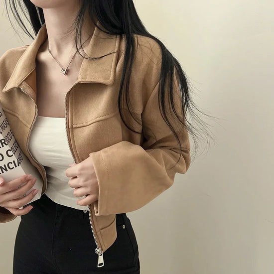 Giacca in pelle donna stile vintage – Giubbotto corto con zip, collo alla coreana, taglio slim fit, versatile e alla moda