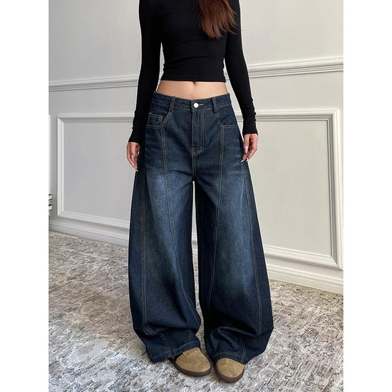 Jeans baggy wide leg donna Y2K – modello retrò vita alta in denim blu oversize 2025