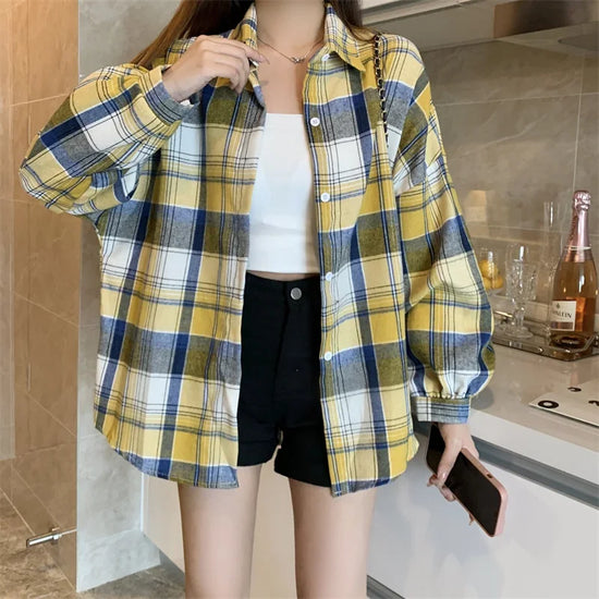 Camicia a quadri donna autunno 2025 – camicia manica lunga stile preppy vintage, taglio loose, single-breasted