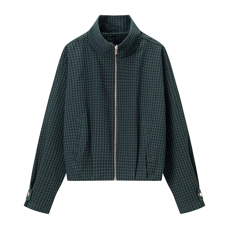 Bomber donna a quadri corto con zip e maniche ampie - Verde