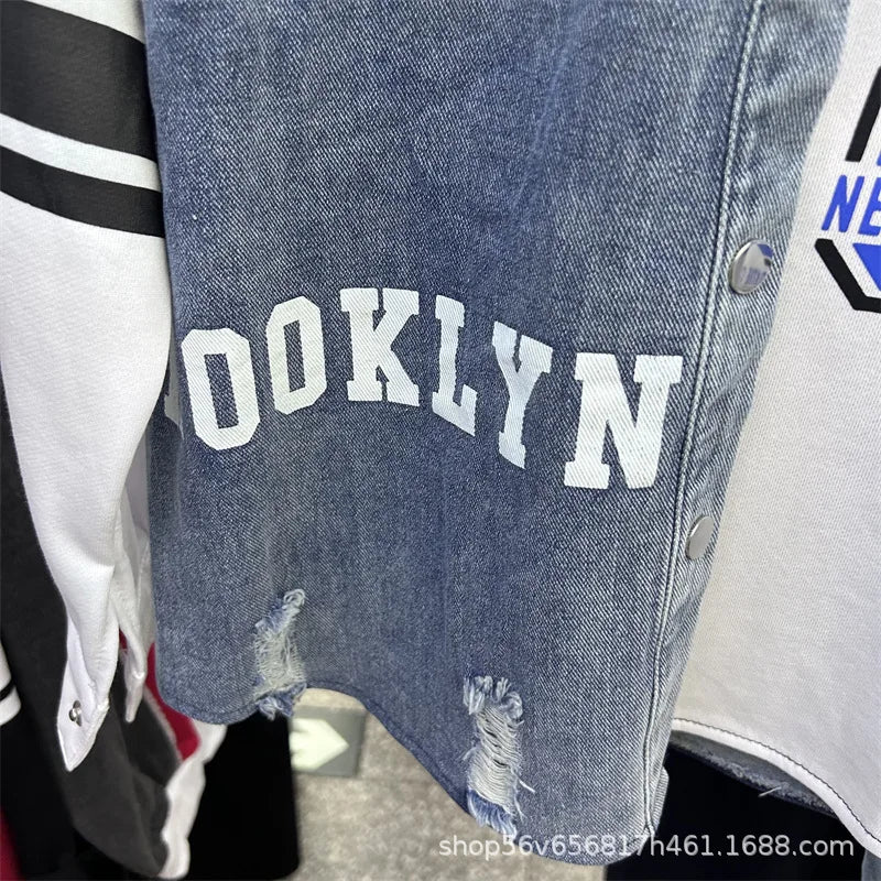 Completo Donna 2 Pezzi Denim Patchwork – Camicia Lunga + Jeans Vita Elastica Street Stylewo-Piece Set Letter Splicing