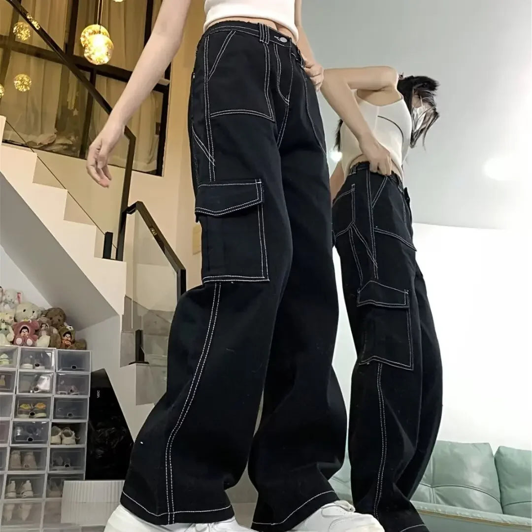 Jeans donna vita alta – Straight / loose fit a gamba dritta, cargo stile, effetto snellente per primavera/autunno