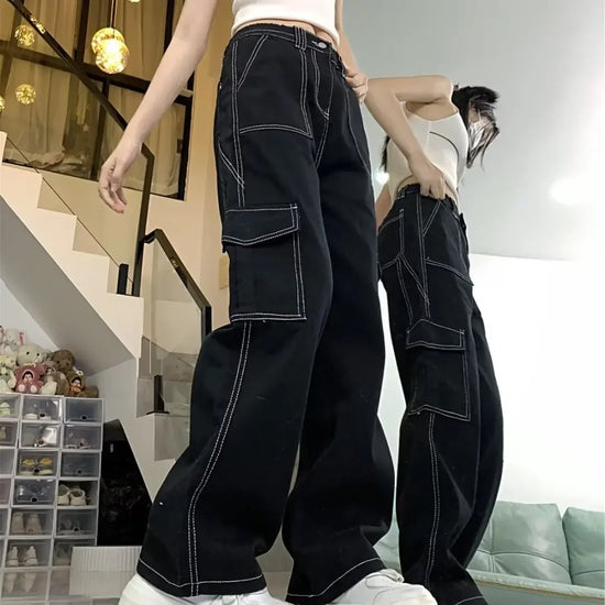 Jeans donna vita alta – Straight / loose fit a gamba dritta, cargo stile, effetto snellente per primavera/autunno