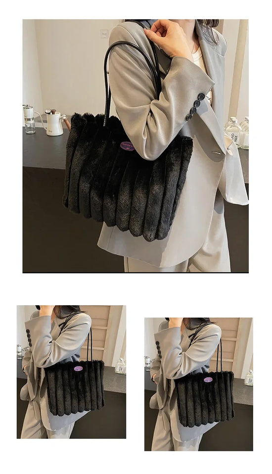 Tote bag a righe in peluche – borsa capiente e soffice per inverno 2025