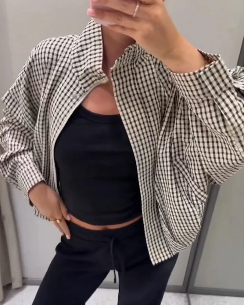 Giacca donna a quadri con collo alto e zip