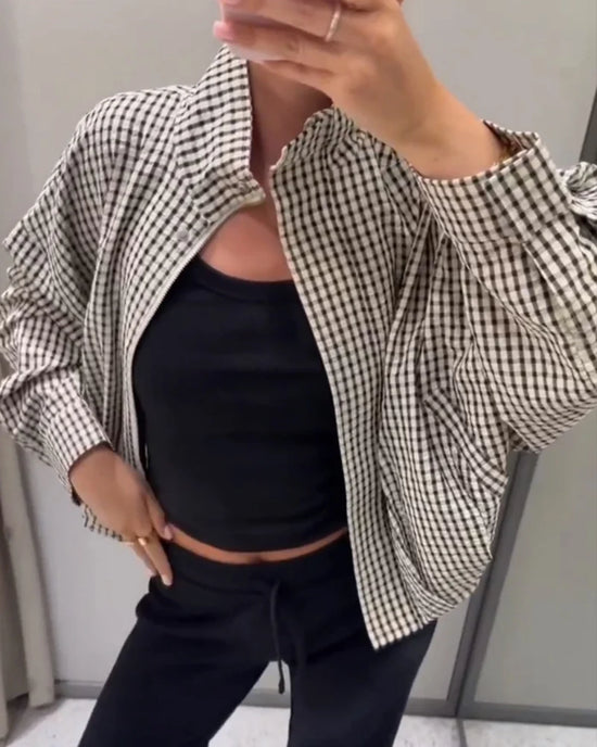 Giacca donna a quadri con collo alto e zip