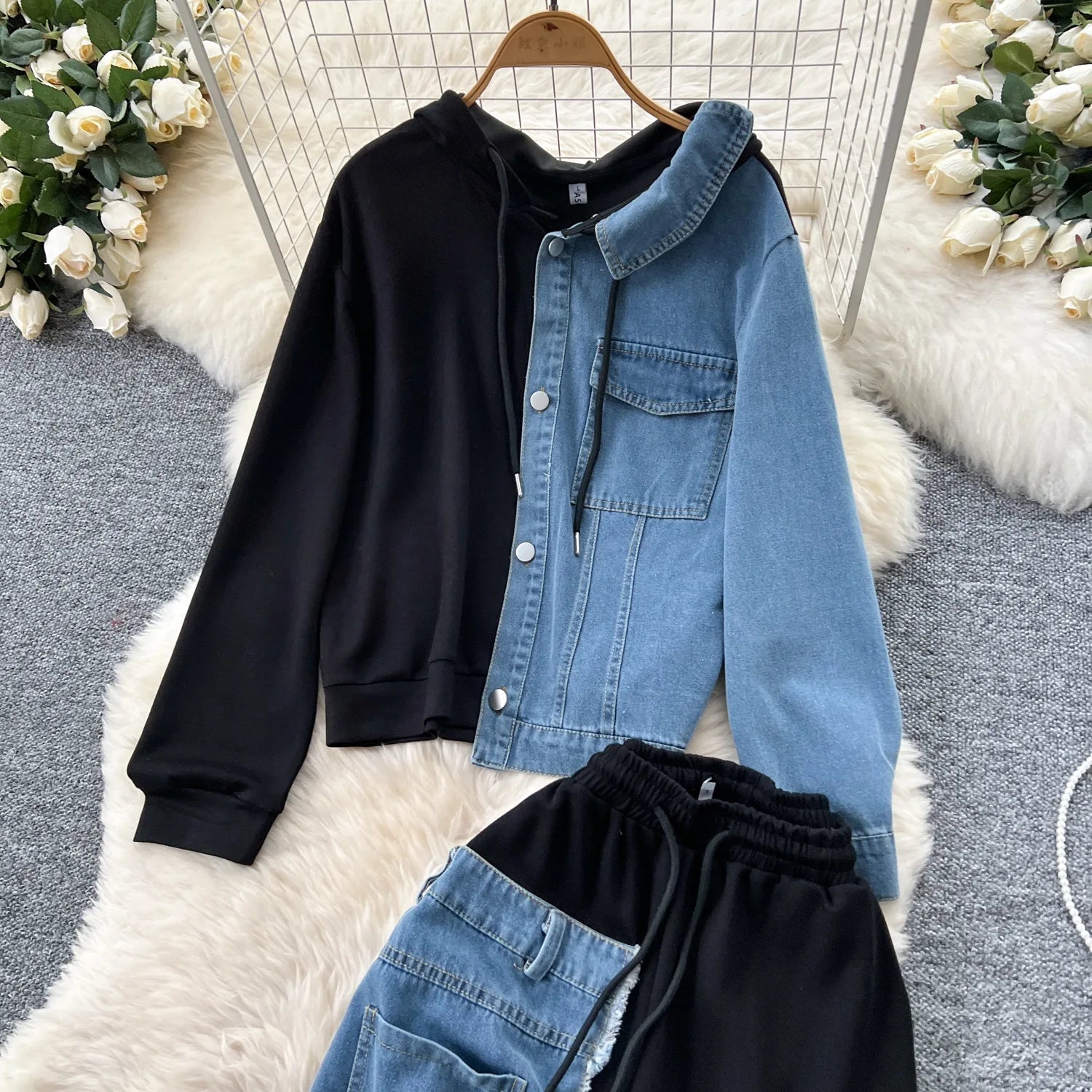 Set denim donna 2025 – completo felpa con cappuccio + pantaloni larghi elasticizzati, co-ord casual trendy
