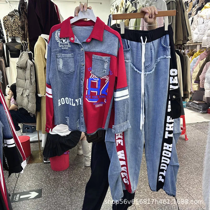 Completo Donna 2 Pezzi Denim Patchwork – Camicia Lunga + Jeans Vita Elastica Street Stylewo-Piece Set Letter Splicing