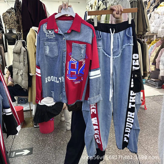 Completo Donna 2 Pezzi Denim Patchwork – Camicia Lunga + Jeans Vita Elastica Street Stylewo-Piece Set Letter Splicing