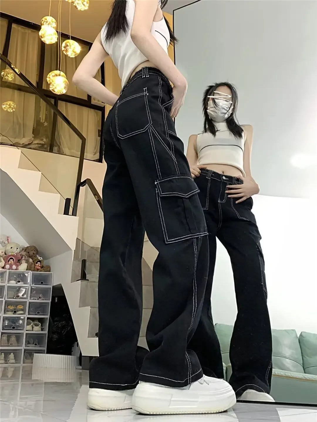 Jeans donna vita alta – Straight / loose fit a gamba dritta, cargo stile, effetto snellente per primavera/autunno