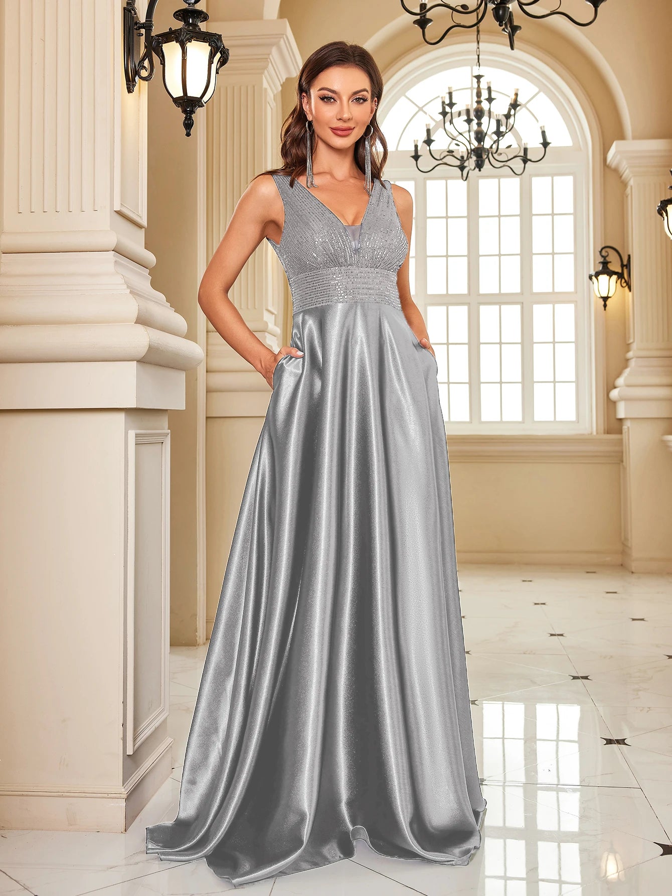 Abito Lungo Elegante Donna con Paillettes e Scollo V – Vestito Cerimonia Matrimonio