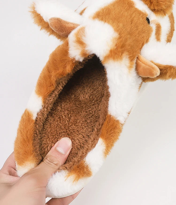 Casual Fluffy Slippers Women House Cute Cartoon Cow Designer Shoes Girl Flat Fashion Elegant Plush Winter Platform Footwear Home