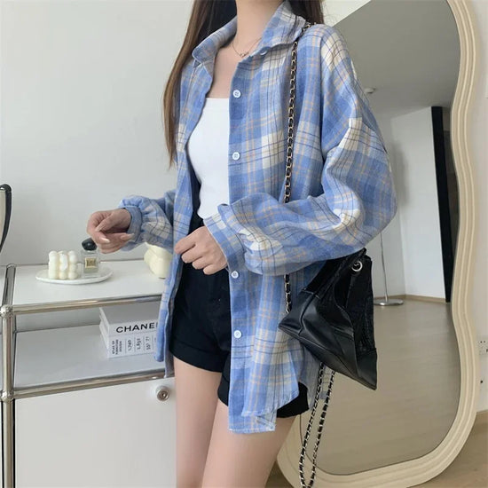 Camicia a quadri donna autunno 2025 – camicia manica lunga stile preppy vintage, taglio loose, single-breasted