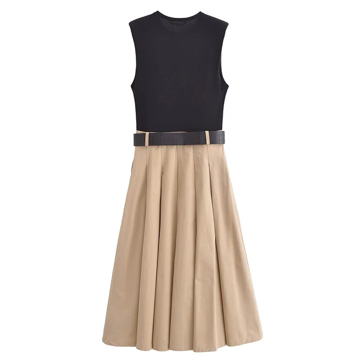 Vestito midi estivo senza maniche con cintura – elegante e plissettato