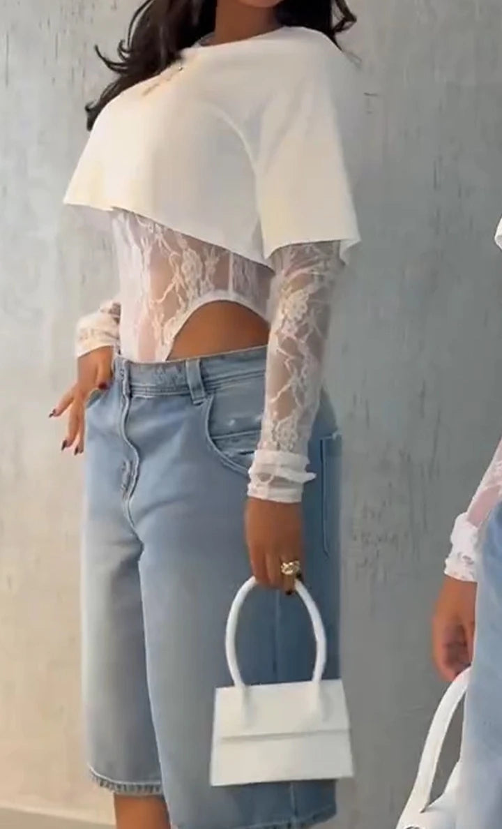 Body donna in pizzo a maniche lunghe, bianco o nero