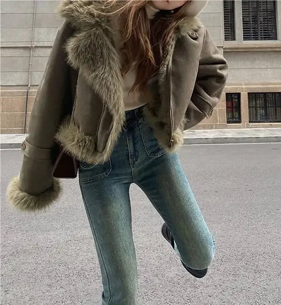 Giacca biker in pelle scamosciata donna con fodera in pelliccia sintetica – Cappotto corto casual slim fit per autunno e inverno