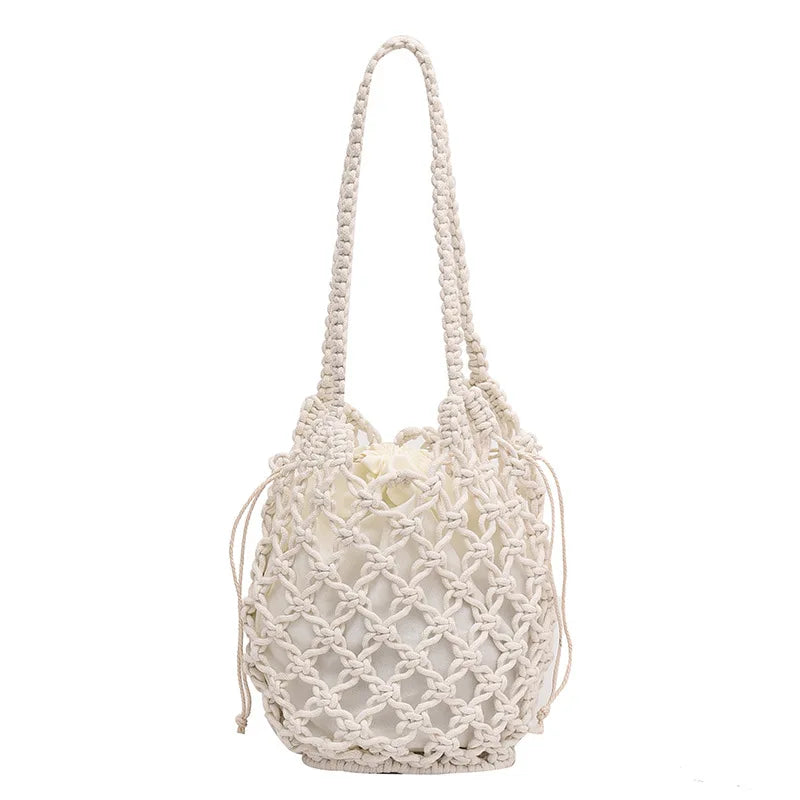 Borsa a secchiello in paglia intrecciata a mano – con coulisse e tracolla, perfetta per spiaggia e shopping