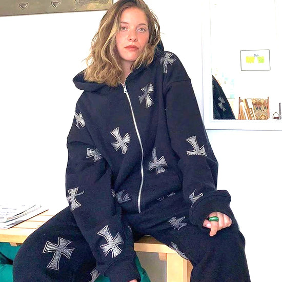 Felpa con cappuccio, zip e strass stile Y2K