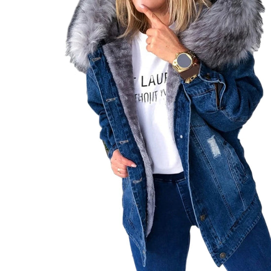 Giacca denim donna con cappuccio e collo peluche – Giubbotto imbottito invernale oversize con interno caldo