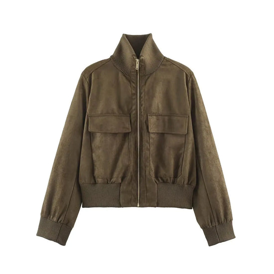 Giacca donna con grandi tasche, zip e collo alto - Verde militare