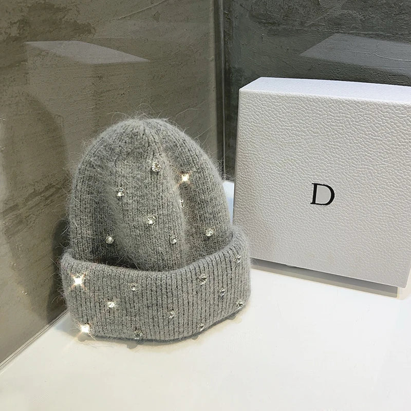 Cappello invernale con strass e pelliccia – Berretto a maglia con perline lucenti per donna, caldo e fashion
