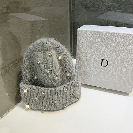 Cappello invernale con strass e pelliccia – Berretto a maglia con perline lucenti per donna, caldo e fashion