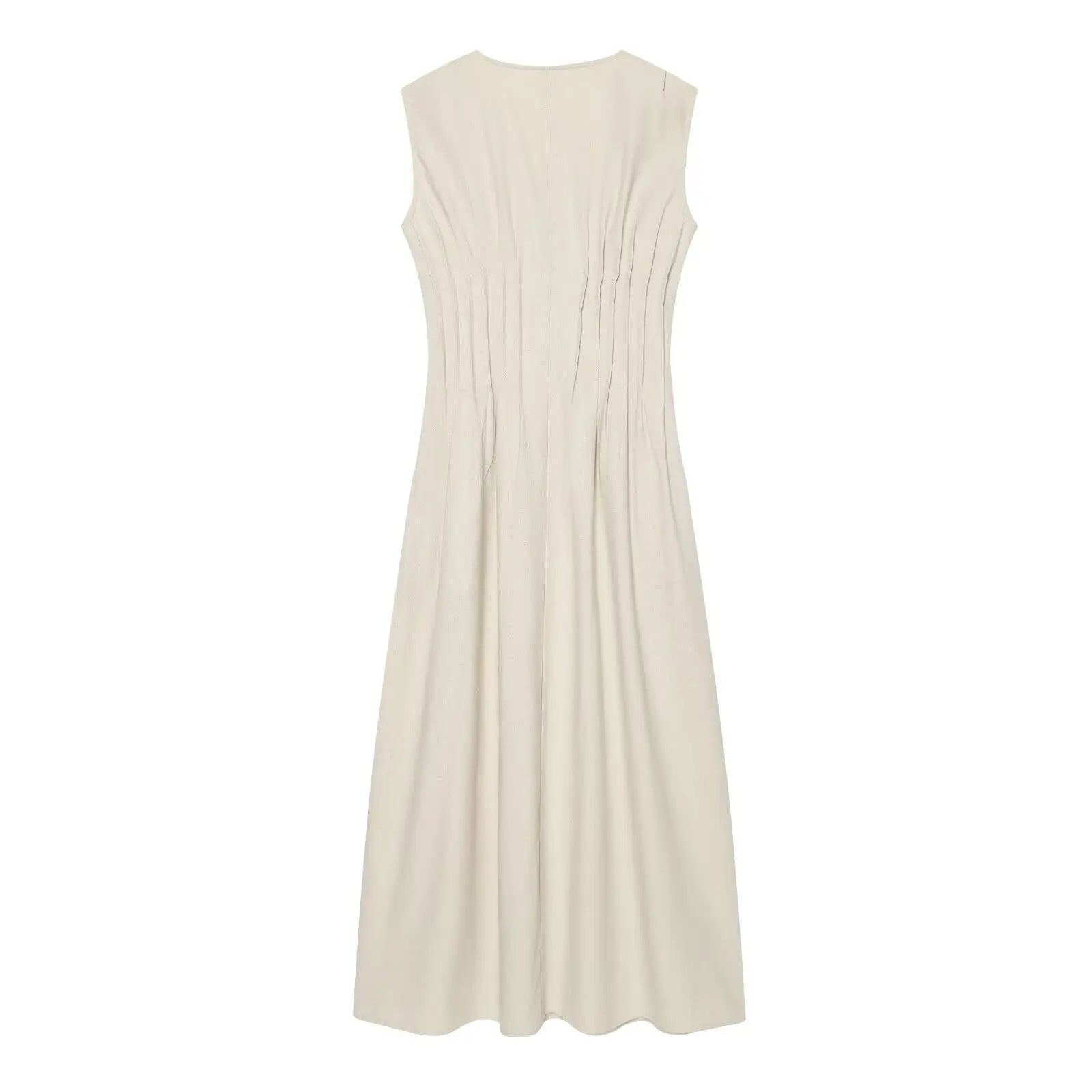 Abito Donna in Lino e Cotone – Vestito Beige Estivo con Scollo a V