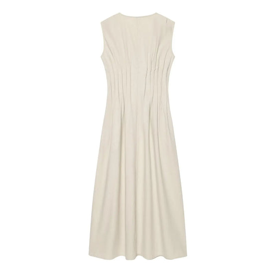 Abito Donna in Lino e Cotone – Vestito Beige Estivo con Scollo a V
