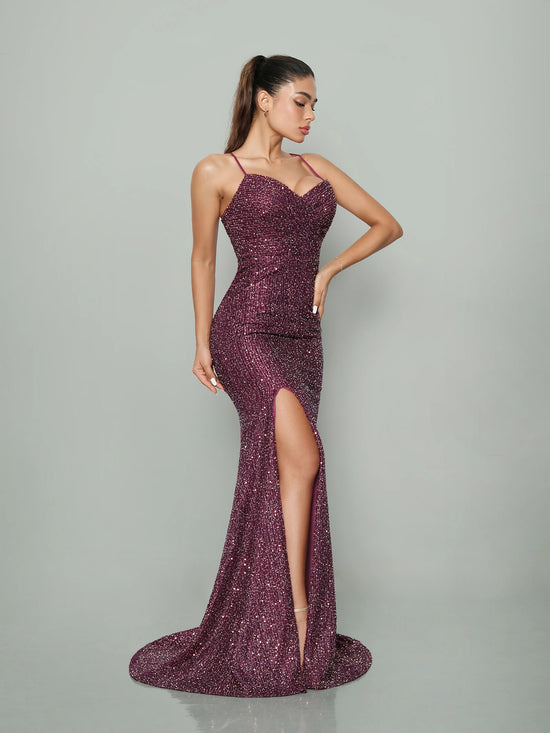 Abito Lungo Elegante Sirena con Paillettes – Scollo a V e Spacco Alto per Cerimonie e Gala