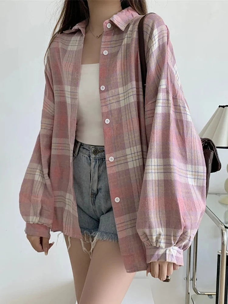 Camicia a quadri donna autunno 2025 – camicia manica lunga stile preppy vintage, taglio loose, single-breasted