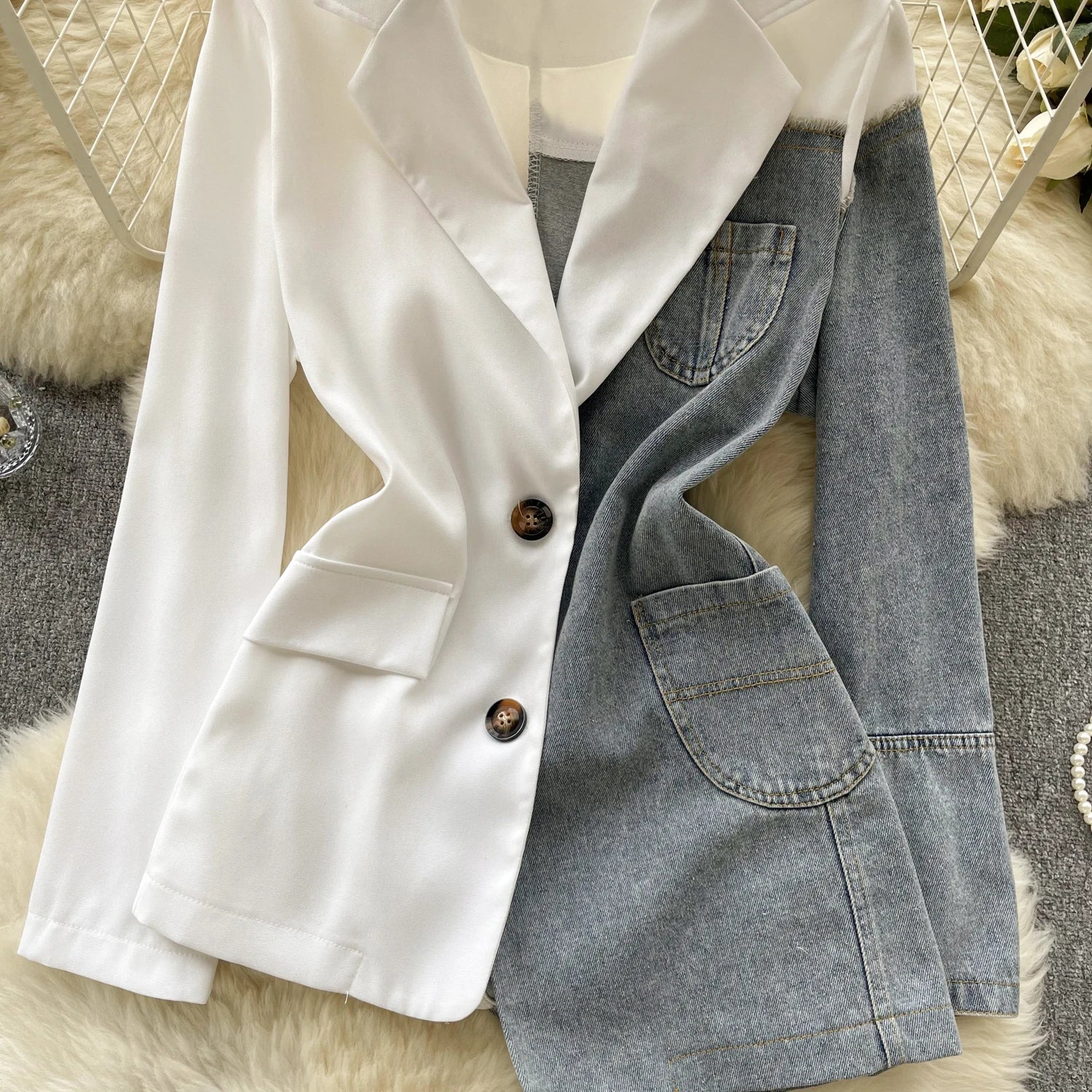 Giacca patchwork in denim con rever 2025 – blazer overshirt donna doppio bottone, vita slim, stile commuter