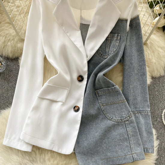 Giacca patchwork in denim con rever 2025 – blazer overshirt donna doppio bottone, vita slim, stile commuter